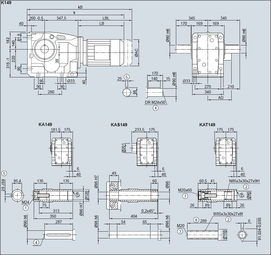 Редуктор K149, KA149, KAS149, KAT149 - Исполнение на лапах