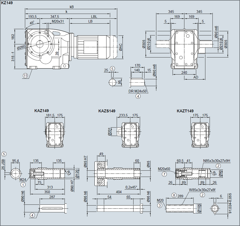 Редуктор KZ149, KAZ149, KAZS149, KAZT149 - Исполнение с окружностью отверстий под резьбу
