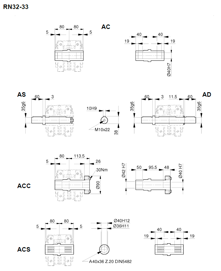 Размеры валов RN32, MRN32, FRN32