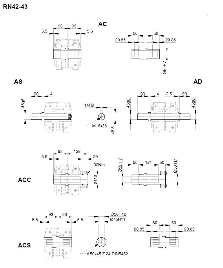 Размеры валов RN42, MRN42, FRN42